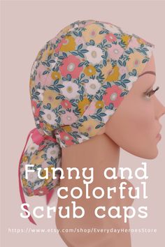 a woman's head wearing a bandana with the words funny and colorful scrub caps