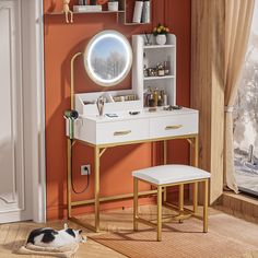 a cat laying on the floor in front of a vanity with a mirror and stool