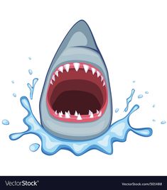 a shark with its mouth open and water splashing on it's side illustration