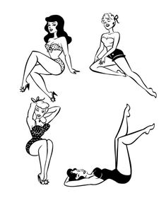 four women in swimsuits sitting and standing on their stomachs, one with her legs