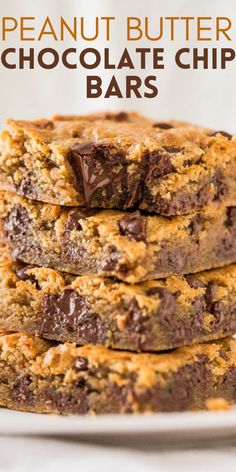 chocolate chip bars stacked on top of each other in front of the words, peanut butter chocolate chip bars