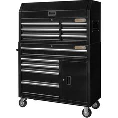 a black tool cabinet with drawers on wheels