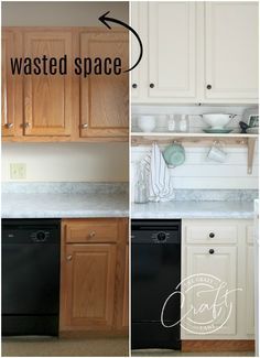 before and after pictures of kitchen cabinets with white paint on the backsplashes