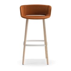 an orange leather stool with wooden legs and seat, viewed from the front view on a white background