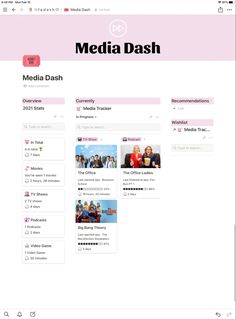 the media dash page is shown in pink