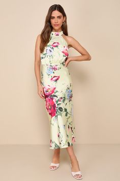 Everyone will gasp at the way you float in wearing the Lulus Luminous Delight Light Yellow Floral Satin Halter Midi Dress! Sleek woven satin, with a summery floral print throughout, shapes a halter neckline that secures with sash ties above a flirty open back design. A darted, mock neck bodice features a blousy silhouette with slight gathering. High, fitted waist sits atop a figure-skimming column skirt that ends at a chic midi hem. Hidden back zipper/clasp. Fit: This garment fits true to size. Floral Satin Dress, Column Skirt, Guest Attire, Wedding Attire Guest, Halter Midi Dress, Casual Wedding Dress, Midi Dress Party, Dresses Backless, Halter Neckline