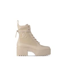 LOUIS VUITTON® - Laureate Platform Desert Boot - Cream Long Shoes Women, Cream Boots For Women, Cream And Black Boots, Louis Vuitton Desert Boots Outfit, Luxury Sneakers Women, Luxury Fitted Beige Boots, Luxury Lace-up Winter Boots, Louis Vuitton Desert Boots, Louis Vuitton Snow Boots