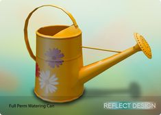 a yellow watering can with a flower painted on the side and a wooden handle to hold it