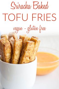 Sriracha Baked Tofu Fries (vegan, gluten free) - These crispy tofu fries are an easy healthy snack that are paired with a sweet and spicy mango dipping sauce. Add these strips to a salad, wrap, or tacos! #bakedtofu #tofufries