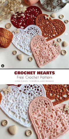 crochet hearts are arranged on top of each other with buttons and yarn in the middle