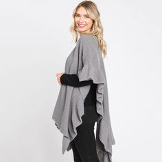 Size : 35.5" X 55" Material : 100% Polyester Gray Oversized Casual Poncho, Casual Brown One-size Poncho, Gray Long-sleeved Poncho For Layering, Cozy One-size Poncho With Batwing Sleeves, Spring Long-sleeved Cotton Poncho, Grey, Knitting