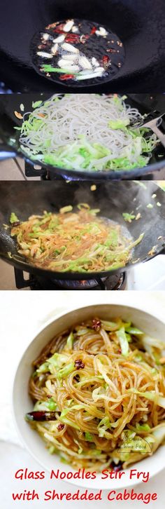 there is noodle and noodles in the pan on the stove top, and another side dish with shredded cabbage