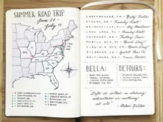 an open notebook with some writing on it and a map in the middle that says summer road trip