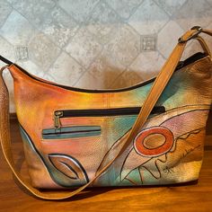 Excellent Condition Barely Carried 14”L 10”H 4”W Green Hand Painted Rectangular Shoulder Bag, Artsy Hand Painted Rectangular Shoulder Bag, Artisan Rectangular Shoulder Bag Hand Painted, Artistic Hand Painted Leather Shoulder Bag, Painted Handbag, Artistic Hand-painted Satchel Shoulder Bag, Shoulder Bags, Bag Lady, Shoulder Bag