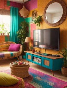 a living room filled with furniture and a flat screen tv on top of a wooden stand