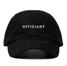 a black hat with the word officiant printed on it