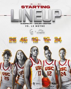 a group of women's basketball players standing in front of a white background with the words starting line up on it