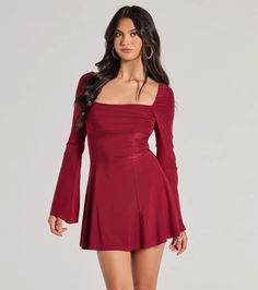 This adorable mini dress features a square neckline with a pleated draped overlay, long bell sleeves, and a flowy A-line silhouette for that effortlessly pretty vibe. The sleek knit fabric offers plenty of stretch for comfortable wear. Perfect for a formal party, style with stiletto heels.Fit & FeaturesSleek knit fabric with knit lining, plenty of stretchSquare neckline, pleated draped overlayLong bell sleevesHigh waist seamMini-length A-line silhouetteRuns true to size Long Sleeve Burgandy Dress, Red Dress Short Sleeve, Winter Dance Dresses Red, Burnt Orange Long Sleeve Dress, Semi Formal Dresses Sleeves, Christmas Dinner Dress Classy, Long Sleeve Winter Formal Dress, Deep Autumn Dresses, Women Christmas Dress