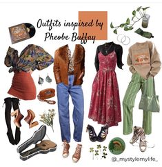 Hippy Capsule Wardrobe, Phoebe Buffay Outfit Inspiration, Phoebe Buffay Outfits Aesthetic, Friends Inspired Outfits Phoebe, 90s Fashion Pheobe, Pheobe Hallowell Outfit, Friends Outfits Inspiration Phoebe, Phoebe Buffay Whimsigoth