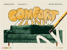 a couch with a giant pencil sticking out of it's back and the words compois zone written in yellow