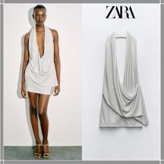 Zara Rhinestone White Halterneck Mini Dress Nwt Size: Large Brand New With Tags Short Halterneck Dress With A Plunging Surplice Neckline. Featuring Silver Rhinestone Appliqus Contrast White Lining And Invisible Back Zip Fastening. Approximate Measurements: Armpit To Armpit: 16”, Length:35” Halterneck Mini Dress, Zara Shorts, Rhinestone Appliques, Surplice Neckline, Rhinestone Dress, Halterneck Dress, Silver Rhinestone, Zara Dresses, White Silver