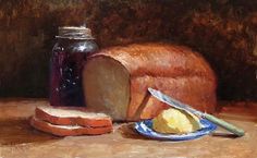 a painting of bread, butter and jam on a table