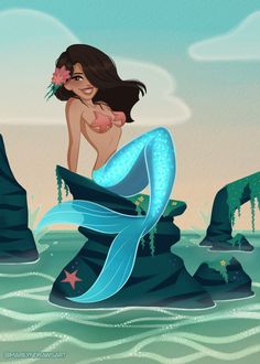 a mermaid sitting on top of a rock next to the ocean with her hands in her hair