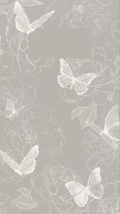 a gray and white wallpaper with flowers and butterflies on the back ground, as well as an image of a butterfly in flight