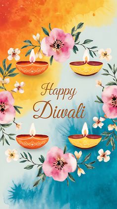 happy diwali greeting card with watercolor flowers and lit candles on blue background