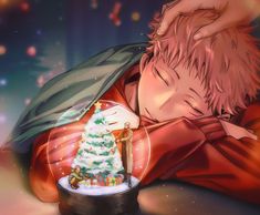 an anime character holding a snow globe with a christmas tree in it