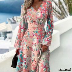 Olivia Mark - Form-Fitting Stylish Floral Print Long-Sleeve Dress with Collared Neckline Mode Prints, Pretty Fashion, Women Long Sleeve Dress, Fit Fashion, Long Sleeve Print Dress, Vestidos Vintage, Slim Fit Dresses, Long Sleeve Floral Dress, Slim Dresses