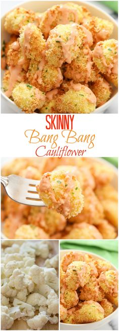 a collage of photos showing different types of food and the words skinnyy bank samg cauliflower