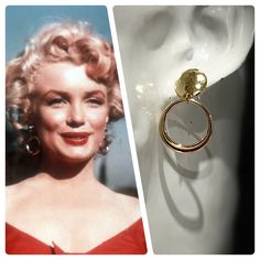 Inspired by Marilyn's first feature role in Niagra (1953), where she was an utter seductress bedecked in a hot wiggle dress paired with those coveted door knocker gold hoops. As with all things Marilyn, they've become an iconic style in the fifties. We've updated the look with a rich 18k gold plated geometric posts and hoops for a more exclusive, luxurious style that will take you effortless from day to night. Measured almost 1.5 inch from post to hoop.  Limited in stock due to gold plated hoops. Comes gift wrapped in a velvet bag and care instructions.  Made with love for the 50s and Marilyn. Marilyn Monroe Earrings, Gold-tone Hoop Earrings For Evening, Retro Jewelry For Parties, Chic Yellow Gold Hoop Earrings For Party, Vintage Yellow Gold Earrings For Party, Vintage Yellow Gold Party Earrings, Classic Metal Hoop Earrings For Party, Chic Gold Hoop Earrings For Wedding, Retro Gold Earrings For Parties