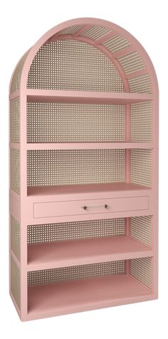 a pink shelf with two drawers on top and one drawer below the shelf is made out of wicker