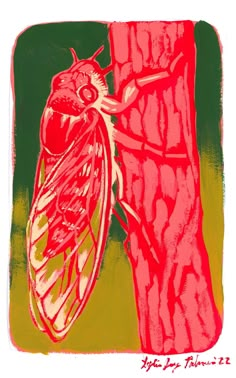 a red and green painting with a large insect on it's back