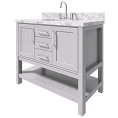 a white bathroom vanity with two sinks and drawers