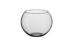 an empty glass filled with water on top of a white background, in the shape of a fish bowl