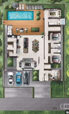 an aerial view of a house with two cars parked in the driveway and a swimming pool