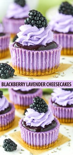 blackberry lavender cheesecakes with purple frosting and blackberries on top