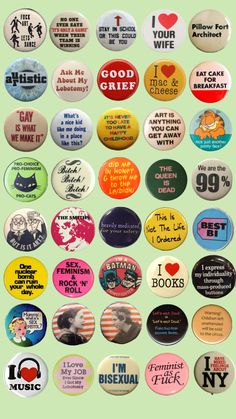 many different types of buttons on a green background with the words i love you and other things