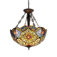 a stained glass chandelier hanging from a chain