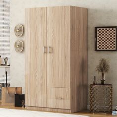 a large wooden cabinet in a living room