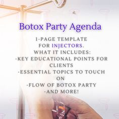 This is a full-page example of an agenda for a botox party! What it includes: -Key educational topics for clients -Other essential topics to touch on  -Flow of botox party -and MORE! This is a Microsoft Word document that can be edited to fit your medical practices needs Botox Themed Party, Mobile Botox Business, Botox Parties, Party Agenda, Med Spa Marketing, Spa Marketing, Cosmetic Injectables, Facial Fillers, Cabinet Medical