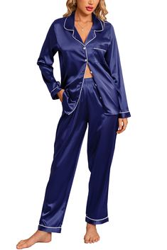 PRICES MAY VARY. ❤️️【FEATURES】Exquisite piping & chest pocket & pants pockets & Turn down collar & Elastic Waist designs.Truly comfort lightweight. Imported dye, refusing fade; Standard process, avoiding shrink; Exquisite sewing, not loose line. Silk satin pajamas set/button down pajama set/bridesmaid pajama set. Fit for travel pj set/matching pjs/pajama party. ❤️️【SILKY SATIN PAJAMAS】Anjue silk satin pj set is made from comfy silk satin, soft, breathable and skin-friendly materials, making rela Blue Sleepwear With Button Closure For Loungewear, Blue Sleepwear With Button Closure, Button-up Sleepwear With Pockets For Loungewear, Blue Long-sleeve Sleepwear With Buttons, Blue Long Sleeve Sleepwear With Buttons, Pjs Pants, Soft Pjs, Silk Pj Set, Bridesmaid Pajama