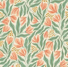 an orange and green floral pattern with leaves