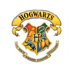 the hogwarts crest is shown in yellow and green, with two symbols on it