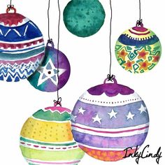 watercolor christmas ornaments hanging from strings on a white background