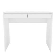 a white desk with two drawers on the top and one drawer open to reveal something