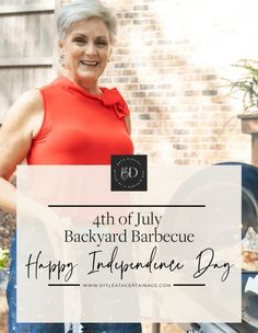 a woman standing in front of an outdoor grill with the words 4th of july backyard barbecue happy