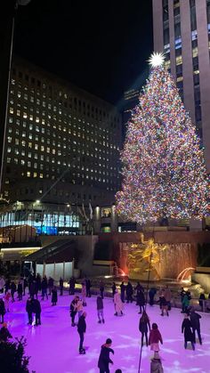 people skating on an ice rink in front of a large christmas tree with lights at night